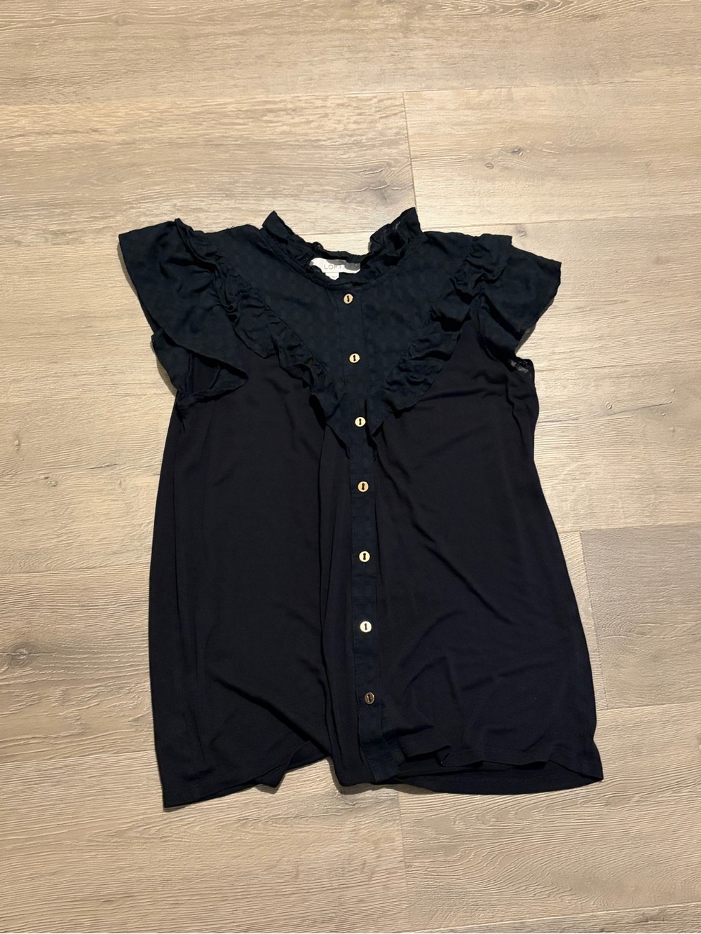 LOFT Black Ruffle Button-Down Blouse